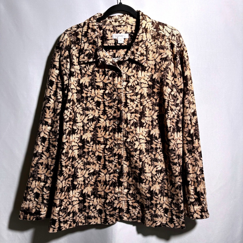 CJ Banks Brown Corduroy Jacket Leaf Print Womens‎ 3X Buttons Artsy Leaves Boho